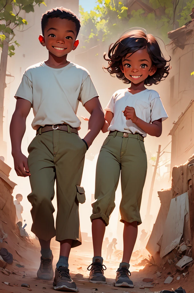 young boy and a young girl in khaki pants at a dig site, playing, having fun