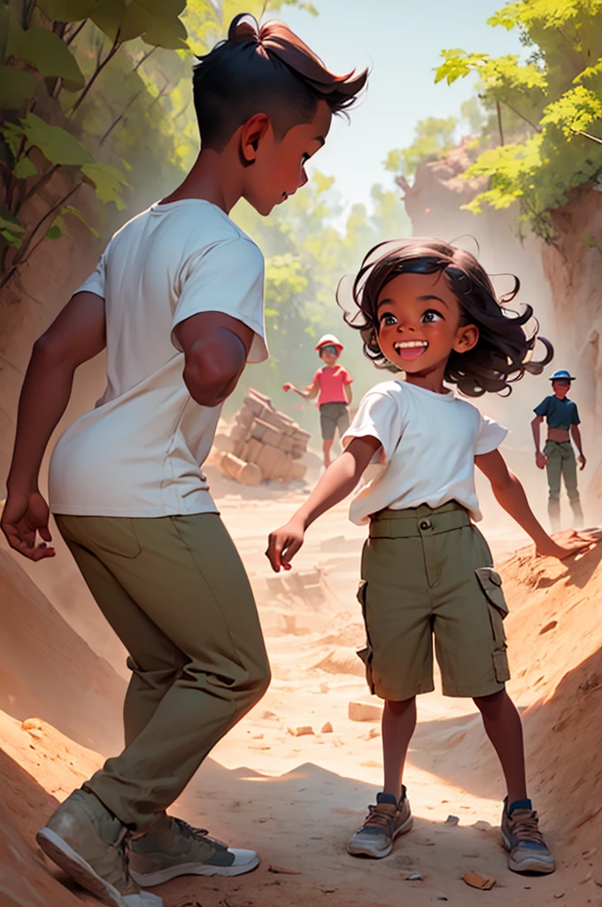 young boy and a young girl in khaki pants at a dig site, playing, having fun