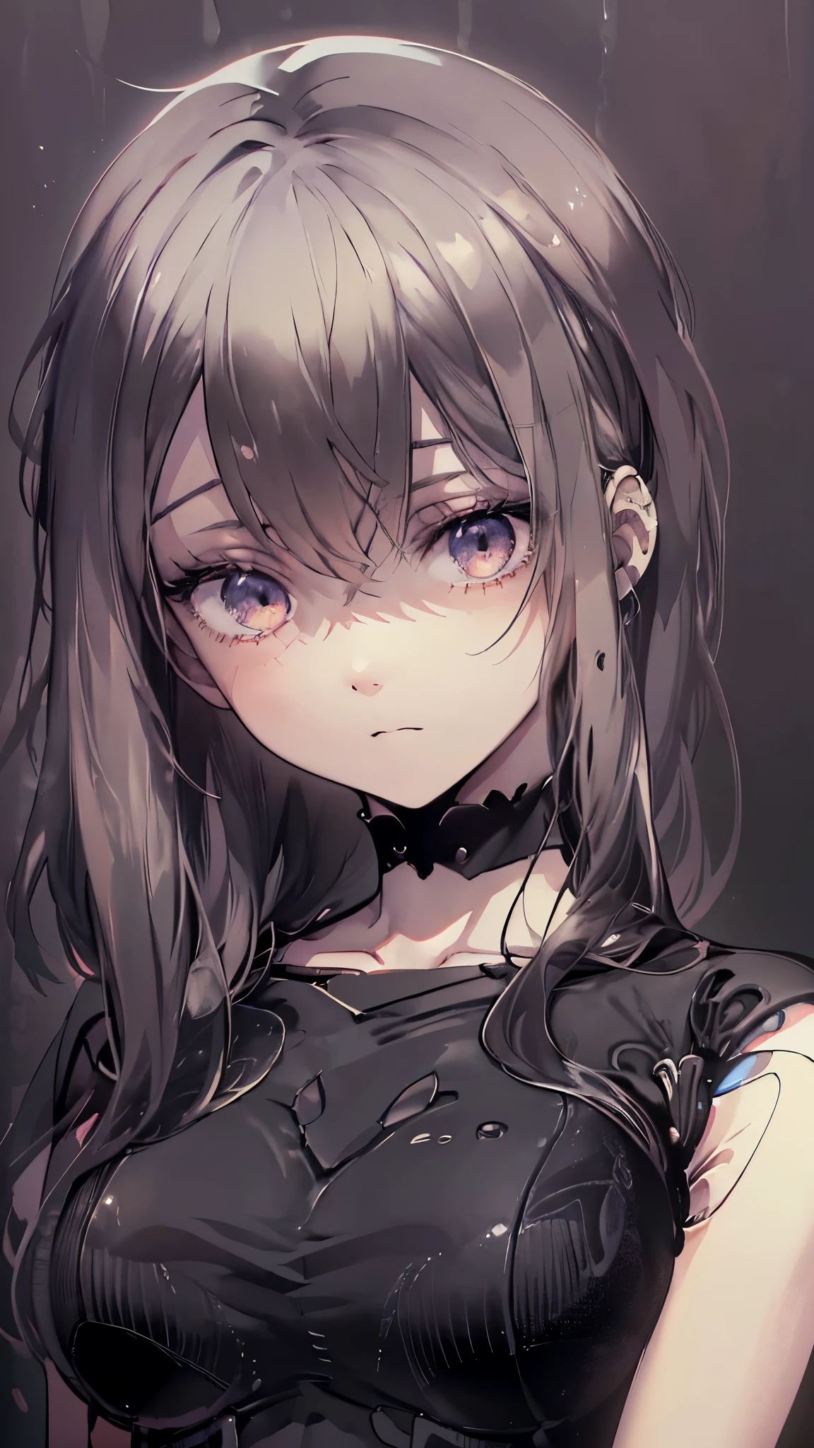 ((((High contrast dark room ambient lighting, dark background))), 1boy, serious, standing, ((doll knees, doll elbows, ((doll joints:1.2, action figure limbs:1.2, segmented body))), [mechanical body], (segmented waist), (doll waist), (black hair, dark black hair over eye:1), long hair cut, pale skin, ((brown eyes)), ((glowing_eyes)), (((ultra detailed eyes:0.7, beautiful and detailed face, detailed eyes:0.9))), ((centered)), (wide shot), facing viewer, (((outdoors, darkness, falling leaves:0.9))), medium breasts, looking at viewer, ((half closed eyes)), ((perfect hands)), (((head:1, arms, hips in view, elbows, thighs, in view))), ((hands at sides)), lively eyes, beautiful lighting, outside, outdoors, background, ((defined subject)), 25 years old, (head tilt), (((cool))), ((lively)), (((high contrast))))
