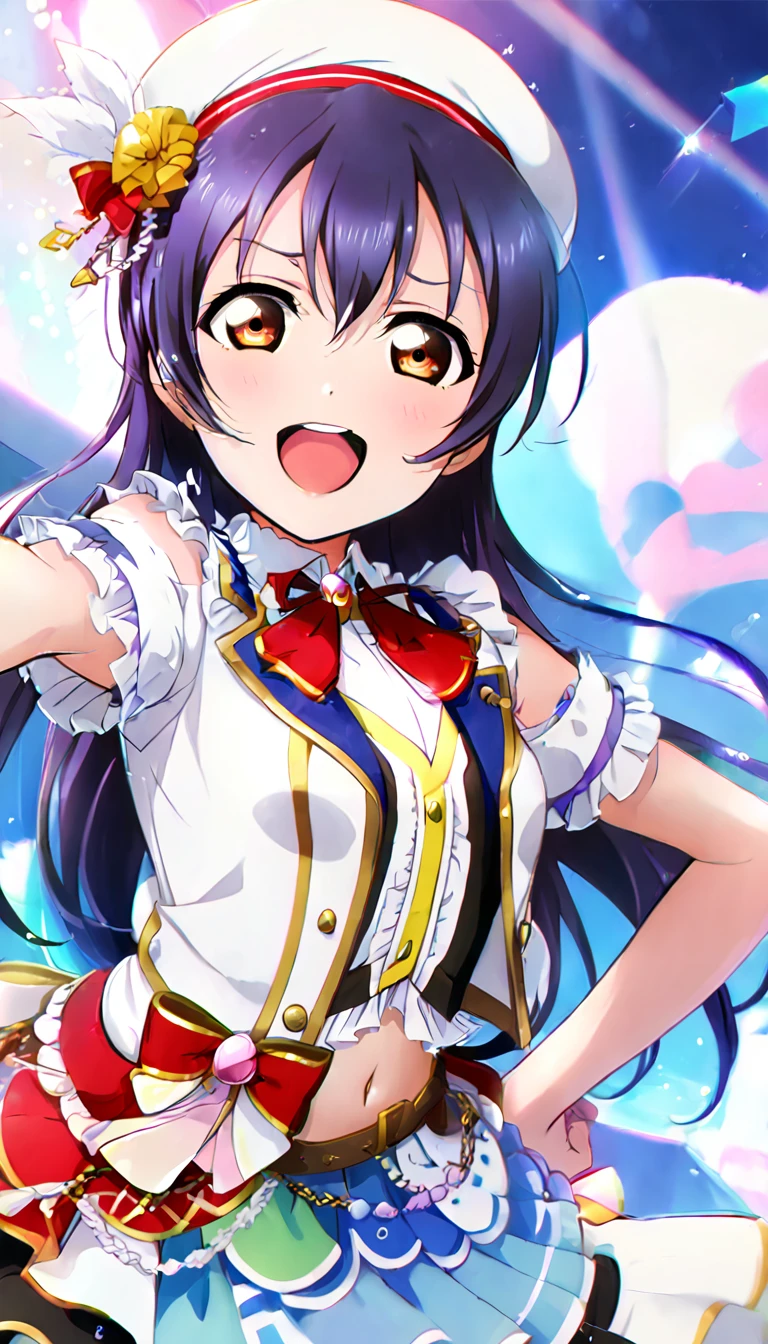 1girl, Umi Sonoda, upper body, idol costume, smile, id_umi_sonoda,Pointing at the viewer