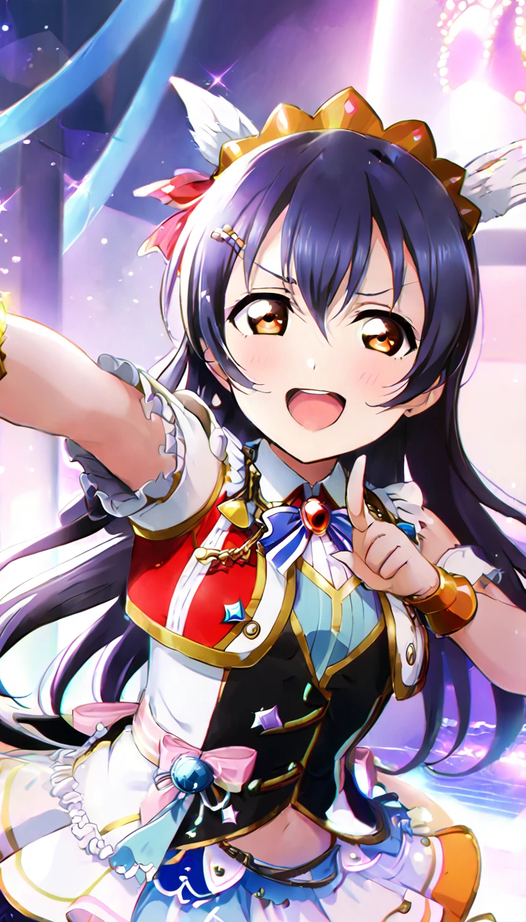 1girl, Umi Sonoda, upper body, idol costume, smile, id_umi_sonoda,Pointing at the viewer