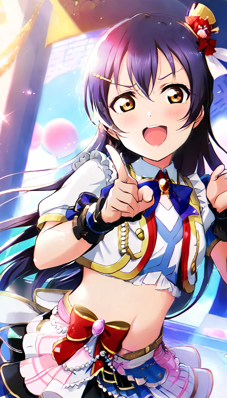 1girl, Umi Sonoda, upper body, idol costume, smile, id_umi_sonoda,Pointing at the viewer