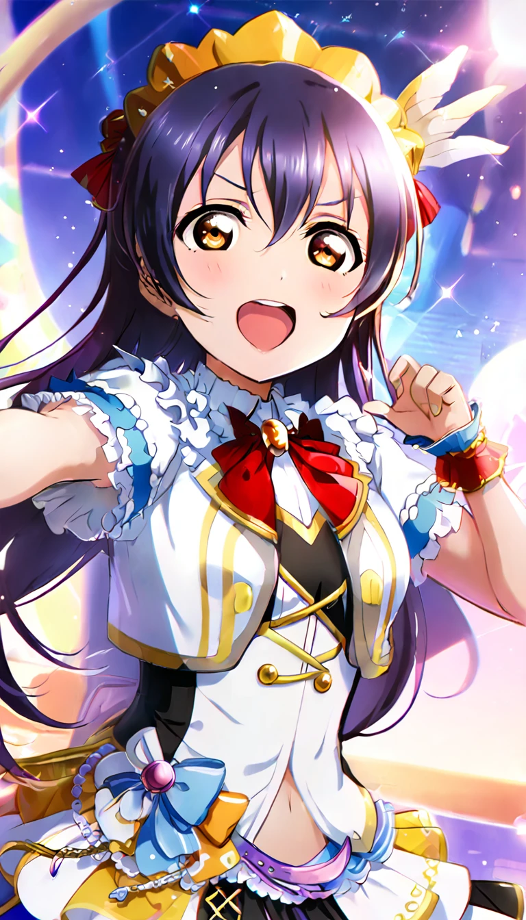 1girl, Umi Sonoda, upper body, idol costume, smile, id_umi_sonoda,Pointing at the viewer