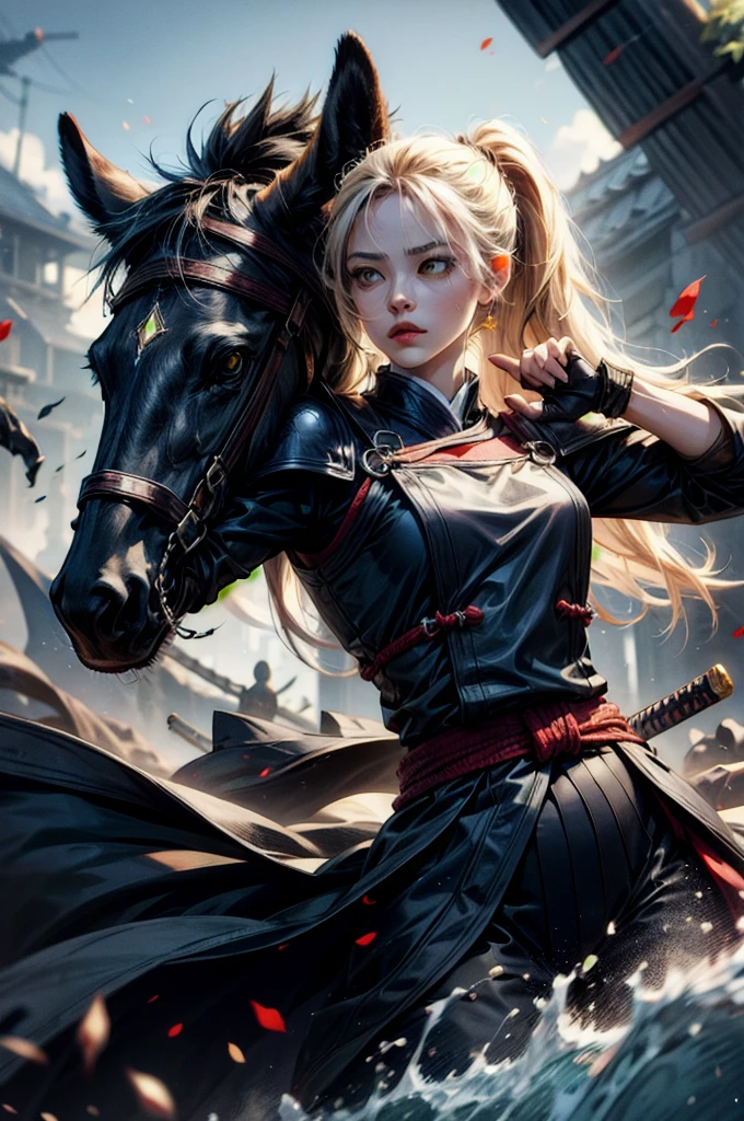 (absurdres, highres, ultra detailed), clean detailed anime art, 1woman, blond hair, long hair, pony tail, yellow eyes, white skin, samurai, blood on clothes, katana, sheath, katana on sheath, after battle, day, battlefield
