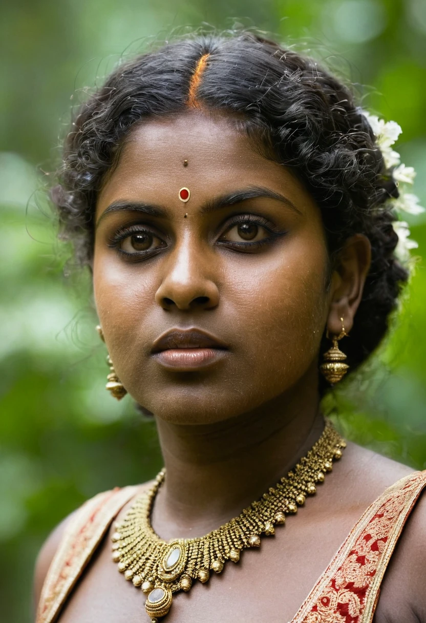 (((photo of a ancient kerala hindu devi))), (((black royal lady))) ,(((eyes))) ((((plumpy)))), ((((standing at mossy street))), (((Half Body))), (((very dark skin))), (((age 35+))), (((((very dark nipple and areola))))), (((plus size chubby tall))), (((plumpy huge busty milky wet big massive boobs))), (((nude plumpy thick thigh))), (((ancient white see through mini skirt))), ((black skin dark body)), (((depth of field))), ((( spooky))),(((divine))), photorealistic,photo, realism, Getty Images, RAW candid cinema, 16mm, colour graded portra 400 film, remarkable colour, ultra realistic, textured skin, remarkable detailed pupils, realistic dull skin noise, visible skin detail, skin fuzz, dry skin, shot with cinematic,light leaks, RAW Image, DOF, depth of field,bokeh