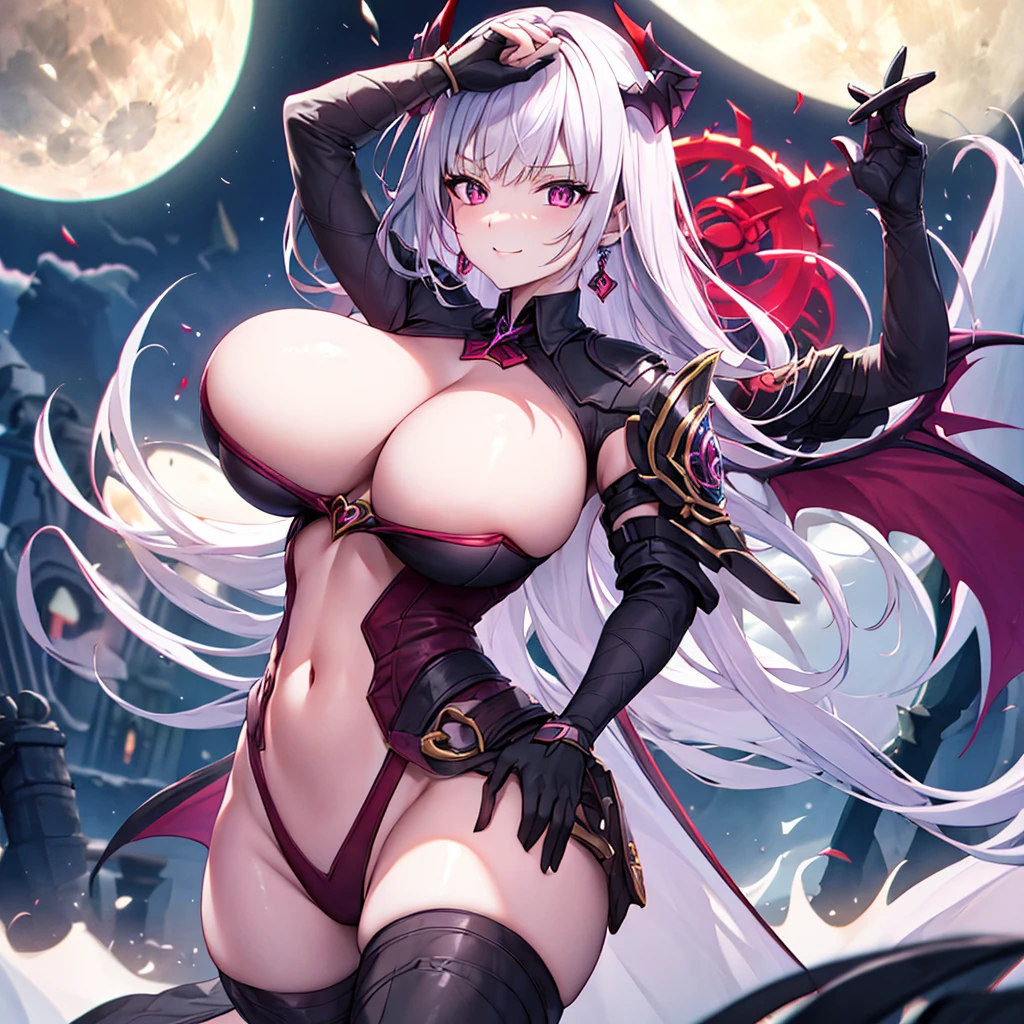 young woman, red hair, ta hair, sardas no rosto, pale skin, smiling, in one storm city, wearing soldier outfit, moon in the background, 4k, Demon queen, demon wings, crown, red outfits and black. sexy pose, (NSFW), anime, anime screencap, gigantic breasts, huge breasts, woman wearing full bodystocking, necromancer, raven, MILF, (very large breast), milf, (mature female), gloves, earrings, navel focus, capes, Elegant body, curvaceous but thin, the woman have beautiful detailed eyes, detailed textures, otherworldly ruins, fantasy, RPG, Dark atmosphere, extreme shading, masterpiece, best quality, milf, mature female, milfication, The armor covers her breasts and abdomen, ultra mega hyper ultra mega hyper ultra mega super big and beastly huge breasts. Face of an innocent girl, malicious smile, demon horns. Near the abdomen there is a demon queen mark.