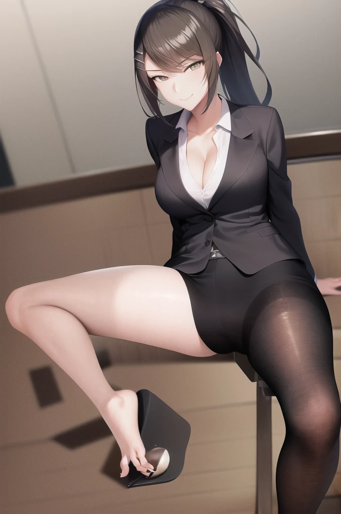 masterpiece, best quality, highres, 1girl, chabashira sae, high ponytail, suit, jacket, cleavage (photorealistic:1.2),((boy shot,lift one's legs,toes,both feet)),evil smile, ((양말)),