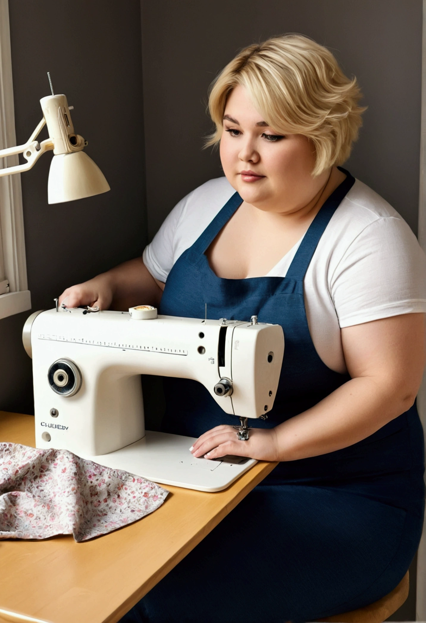 drawing of a chubby with short blonde hair sitting in front of a sewing machine sewing