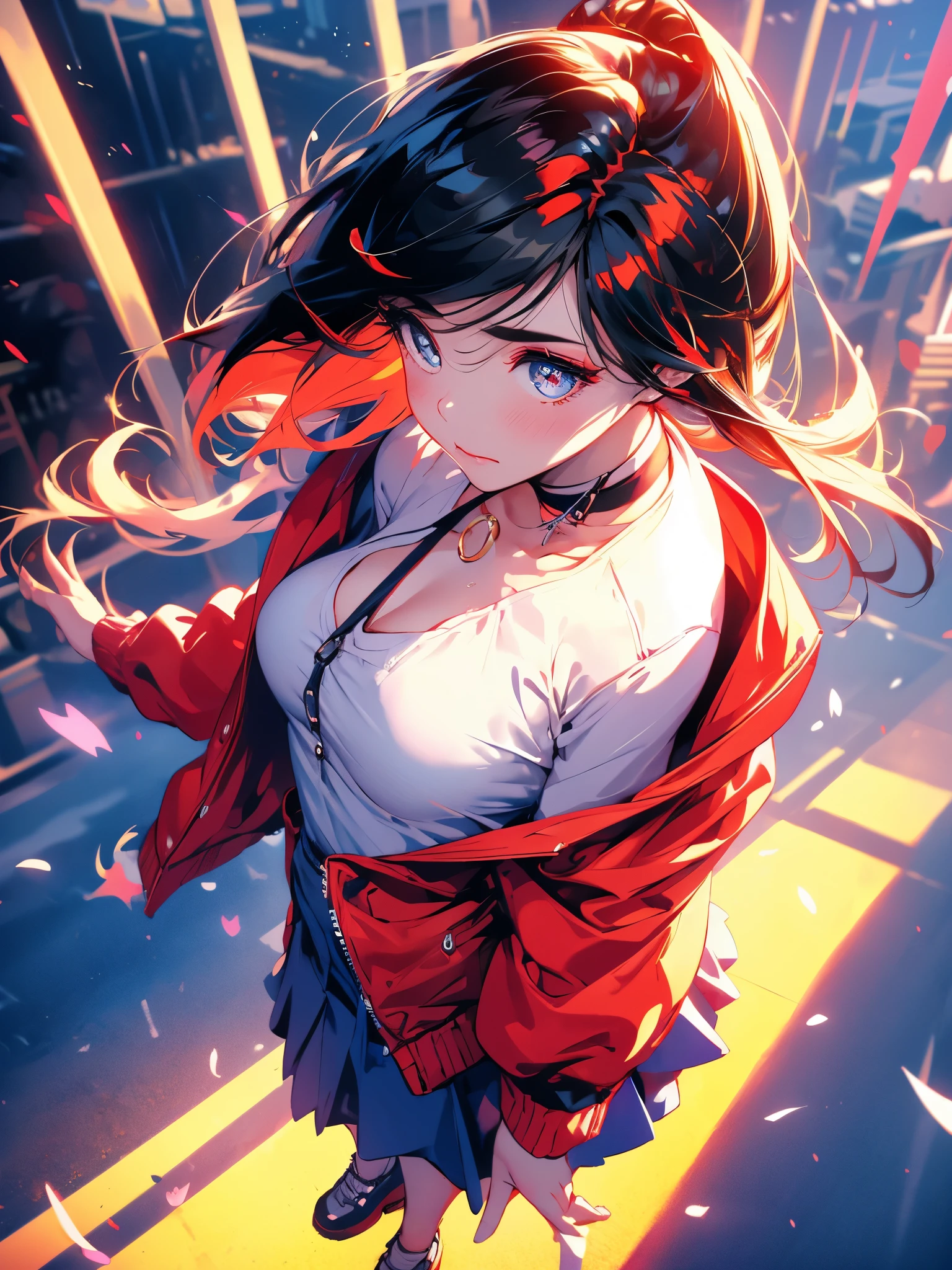 work of art, best qualityer,, Maruzenski (umamusume),, red socks, red jacket, pleatedskirt, short denim skirt, long sleeves, choker, white undershirt, open jacket, white bow, clothes open, high-heels, asphalt road, (((thick coxas, small round breasts, walking as if on parade))), Eye trails, night sky, neon, From above,,