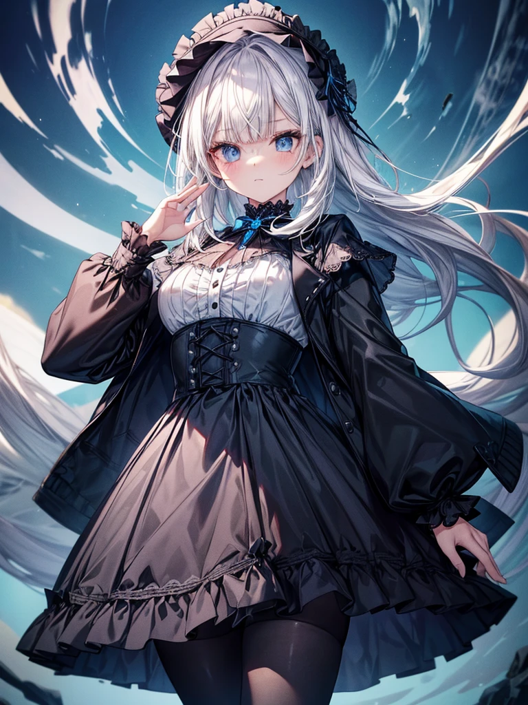 (kawai Quality figure),(((Top quality))),she has white hair in a chin-lenght bob with birkin bangs and sky blue eyes,her outfit is monochrome consisting of unbuttoned grey jacket, (Ghotic with long skirt),(Her outfit closely resembles a goth lolita aesthetic black), (blouse underneath), (a grey skirt with ruffled fabric underneath and a lace draping over it),(wears black tights), (She is considered to be very beautiful), ((spirit of the coming land)), ((beautiful storm)) ,(((run under blue sky with piece pose))), strom spring 