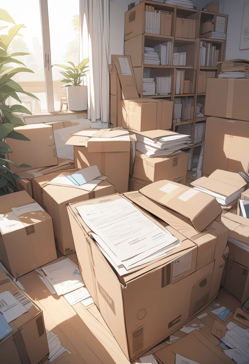 ((background only)),masterpiece, best quality, extremely detailed, ultra detailed, flat anime, 2D, Documents in cardboard boxes, summer, 11AM, livingroom,