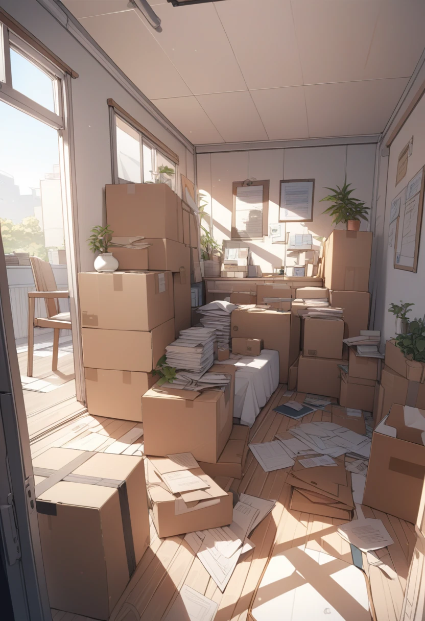 ((background only)),masterpiece, best quality, extremely detailed, ultra detailed, flat anime, 2D, Documents in cardboard boxes,  summer, 11AM, livingroom,