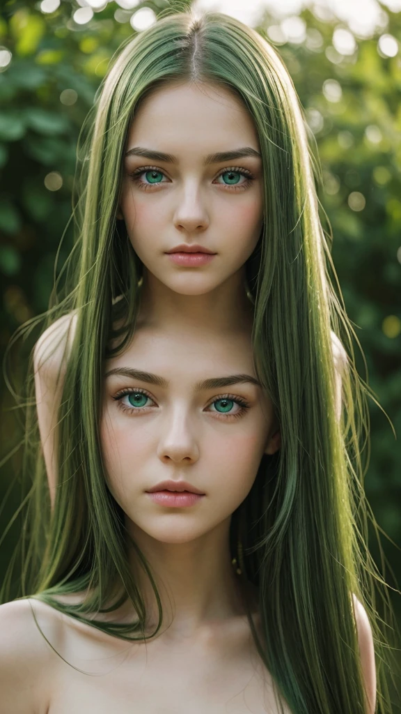 a girl. face sent feeling. Europe. Oval face. long face. delicate facial features. gentle eyes. seductively seductive. green eyes. long straight hair. green hair. sad expression. shy. straight face. outdoor