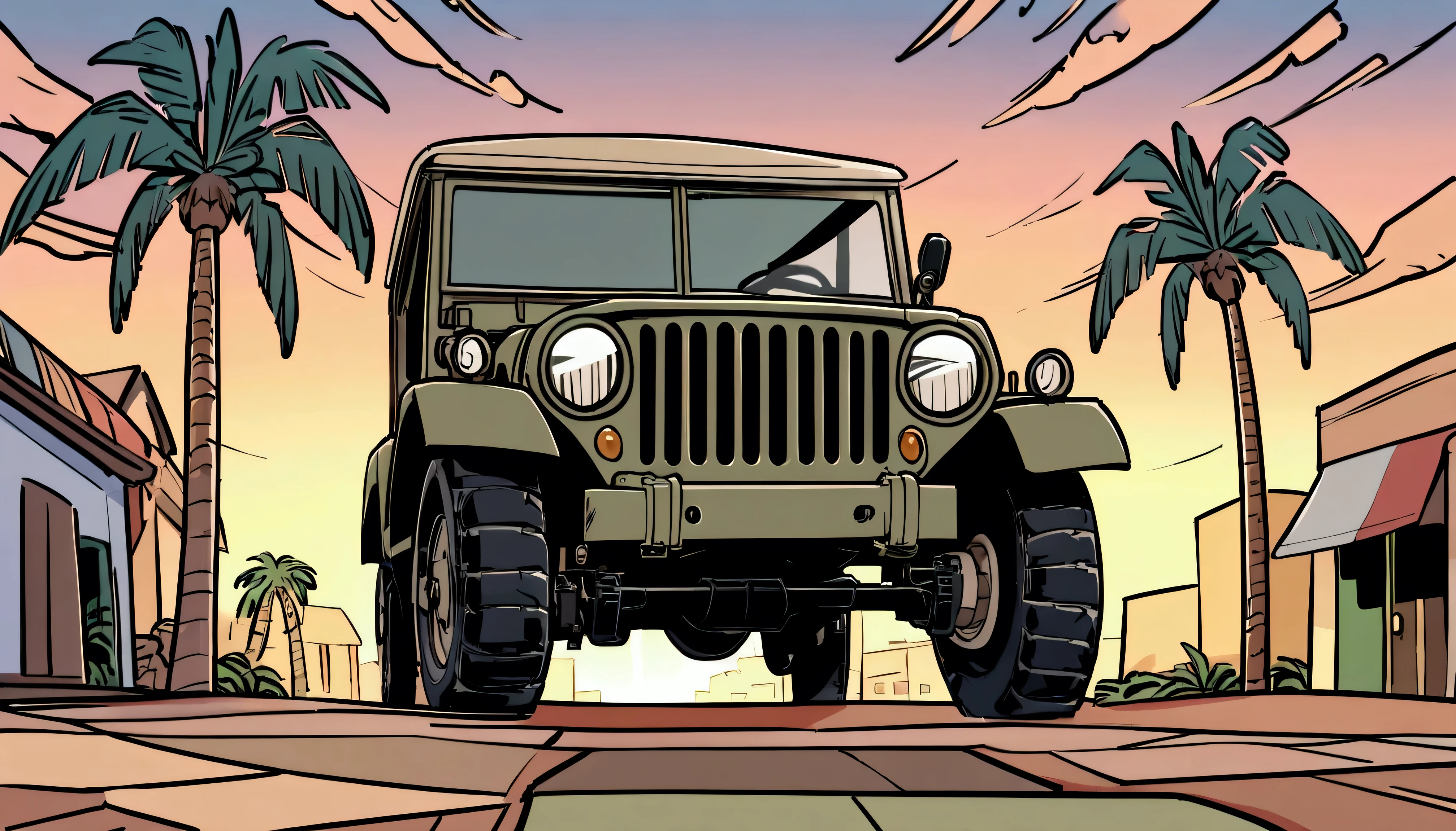 ((ＴShirt Design)), Ford GPW, Sunset background, Palm tree, Layers with 5 colors, Corner Street, Belek&#39;s Drums, Plethean, 