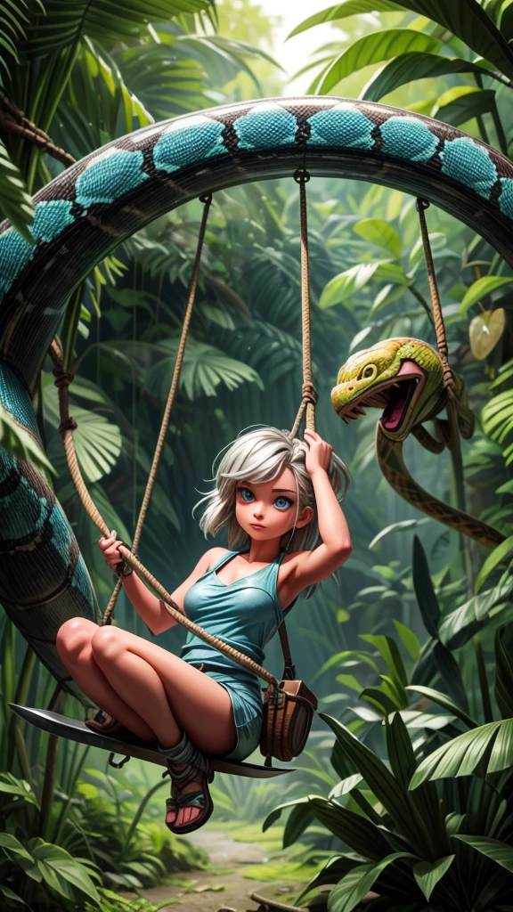 Jungle exploration、Beautiful girl explorer、Silver Hair、blue eyes、Helmet、sunglasses、whole body、Swing your machete and make your way through the jungle、Dynamic composition、snake、poison