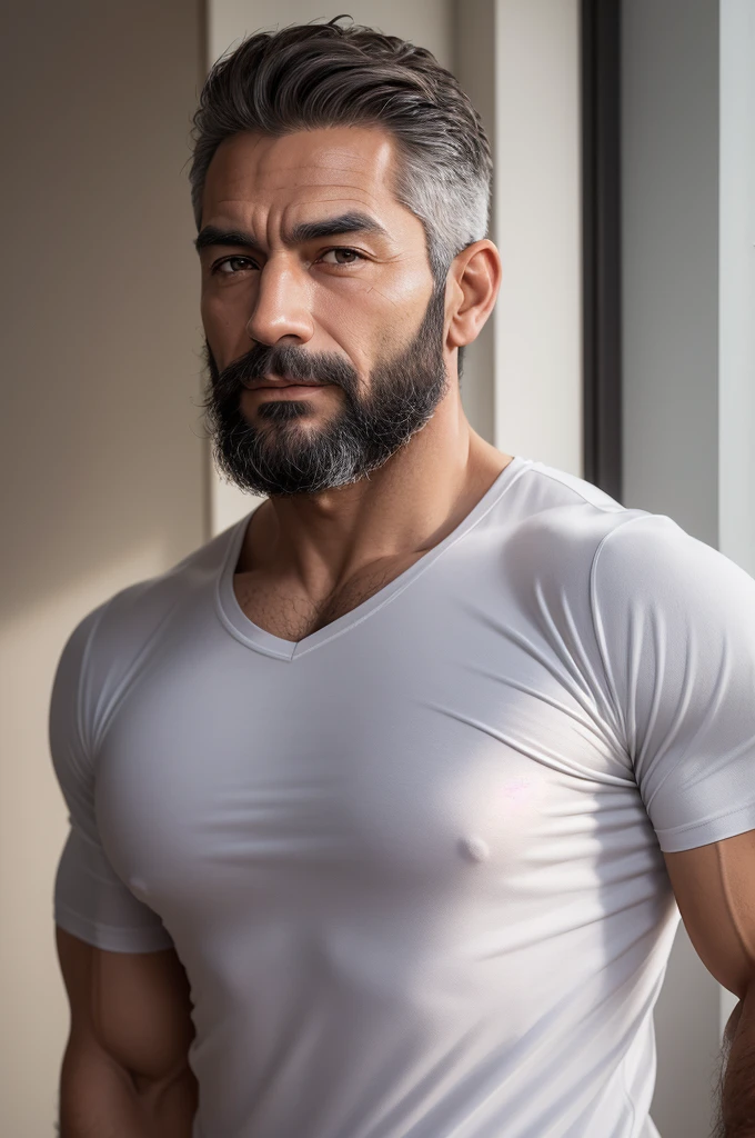 Man dressed, personal 35 years Muscular, defined, with low percentage of body fat, hair Dark brown, short and combed to the side, eyes Light brown, intense and penetrating, tanned skin, with some fine wrinkles around the eyes and mouth, Beard Short and trimmed, with some gray hair,  Comfortable and practical sportswear, usually t-shirt 