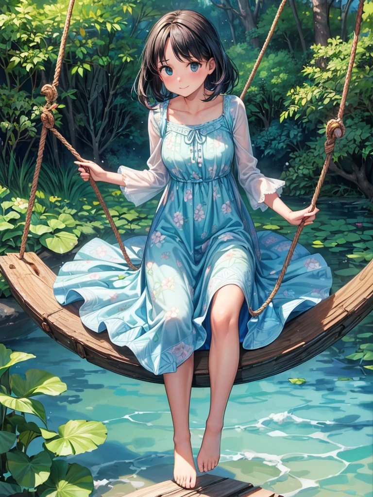 (masterpiece、Highest quality、Highest quality、Official Art、Beautiful and beautiful:1.2)、(One Girl:1.3)Beautiful breasts,Full body photo of a beautiful 25 year old girl playing on a swing hanging from a tree in the forest, Wearing a short dress with a floral swirl pattern, Attractive feminine shape, Beautiful thighs, Morning light, Disney Pixar