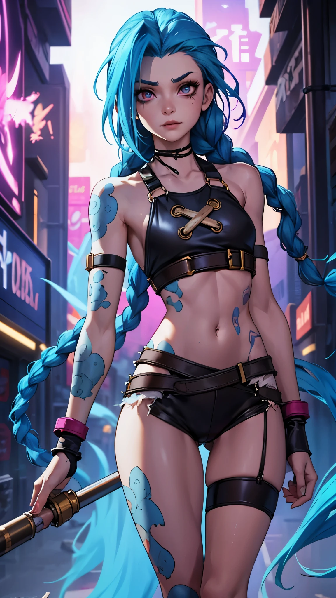 Height: Approximately 1,65 meters. Complexion: thin and athletic. fur: pale, with some scars and marks. hair: Short bright blue, with loose locks and braids. eyes: light blue, often with a manic glow. outfit: Jinx usually wears worn and ragged clothing., with bright colors and chaotic patterns. He often carries weapons and explosives.