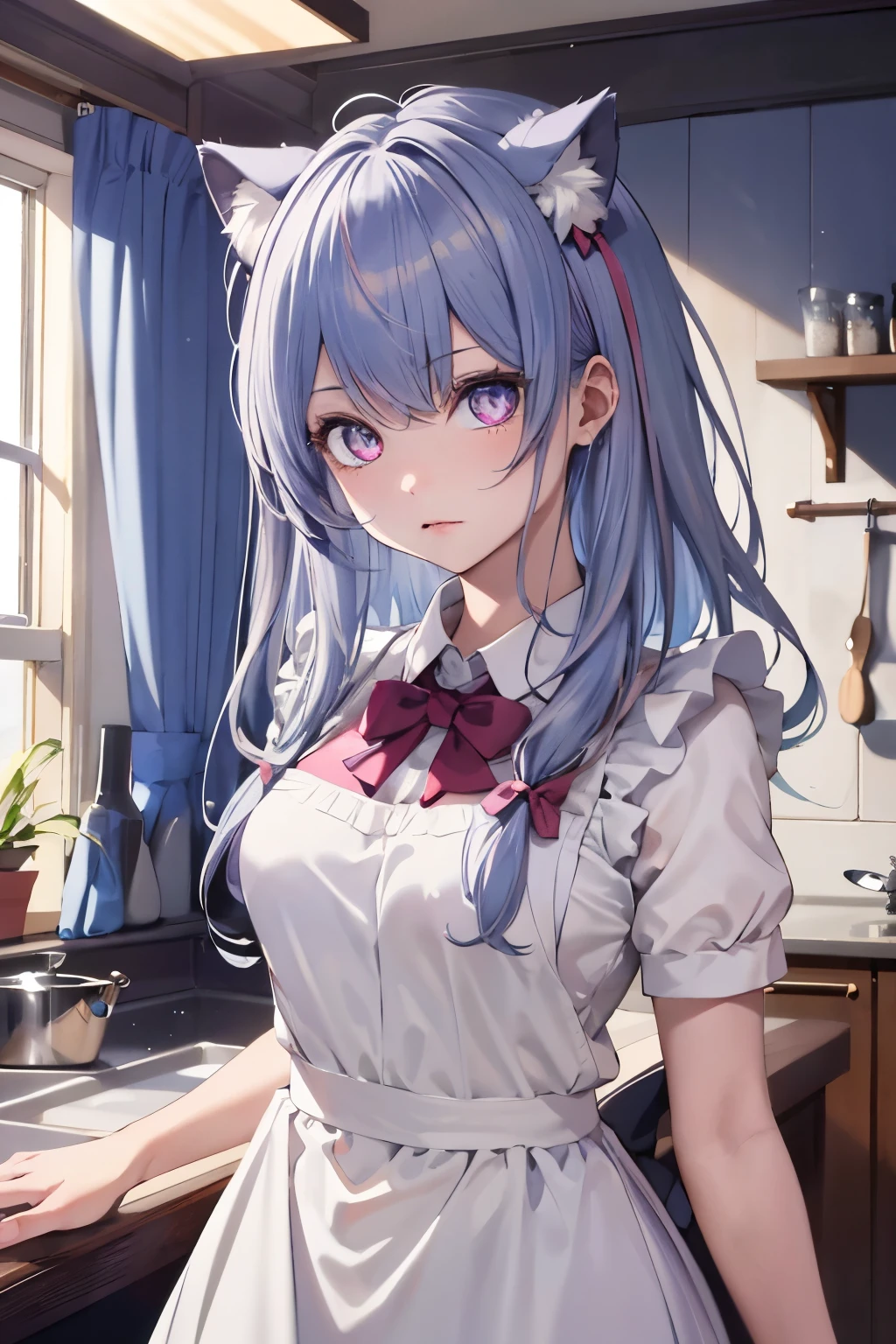 ((best quality)), ((masterpiece)), (detailed), A kawaii anime girl with long silver hair, lavender eyes, and cat ears, dressed in a maid outfit with a ruffled apron and a bow tie