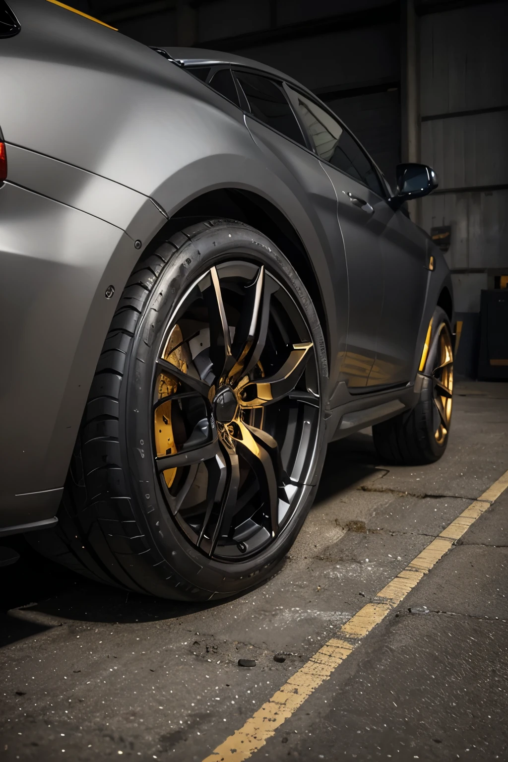 Design a car with these detailsGold wheels,matte black car sides,golden mirrors and mudguards,on the air filter the brand name with silver letters and the gold logo background,matte black air filter.