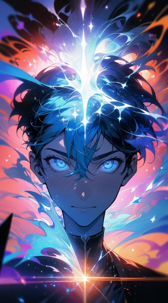 masterpiece, best quality, 1 Boy, Cool boy, Handsome, particle,magic, Comfort, , Dramatic lighting, Beautiful Lights,4K, Gorgeous, Movie, Happy, depth, Happyness, Blue Hair, ,artistic