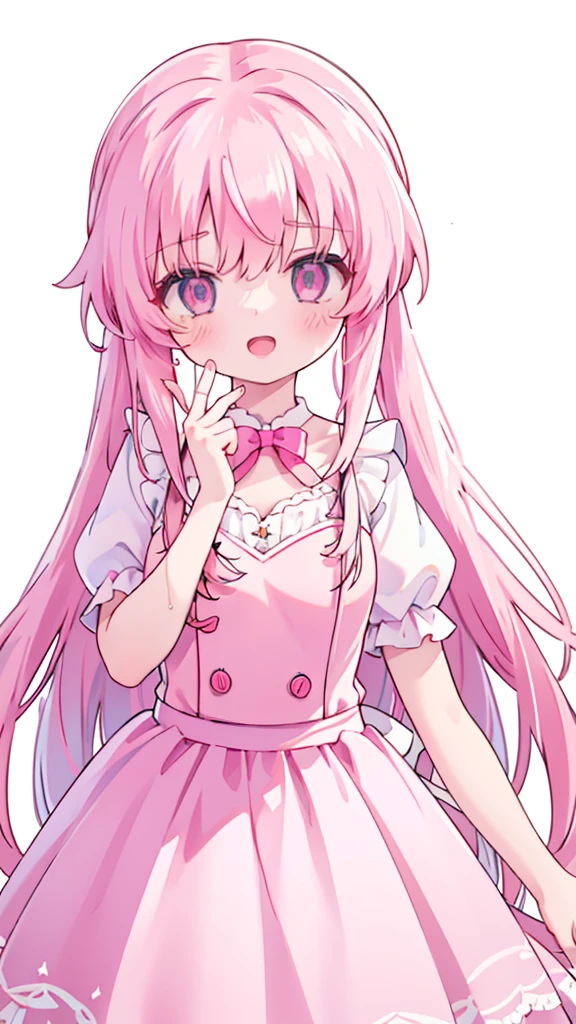 1girl,pink hair, pink eyes with love, detailed eyes, straight hair, straight bangs, shiny hair,short sleeves,looking at viewer, high-definition,masterpiece,best quality, masterpiece, best quality, high resolution, aabeta, double, white simple background, standing, slim waist, cute, super close up selfie, open mouth, laughter, big eyes, pink and purple maid dress (PastelColors: 1.3)