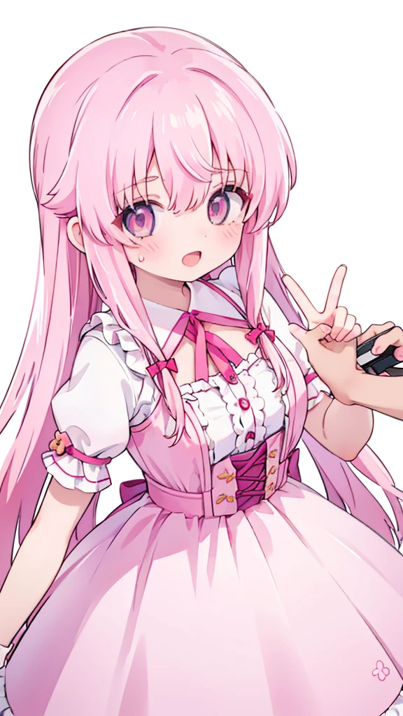 1girl,pink hair, pink eyes with love, detailed eyes, straight hair, straight bangs, shiny hair,short sleeves,looking at viewer, high-definition,masterpiece,best quality, masterpiece, best quality, high resolution, aabeta, double, white simple background, standing, slim waist, cute, super close up selfie, open mouth, laughter, big eyes, pink and purple maid dress (PastelColors: 1.3) 
