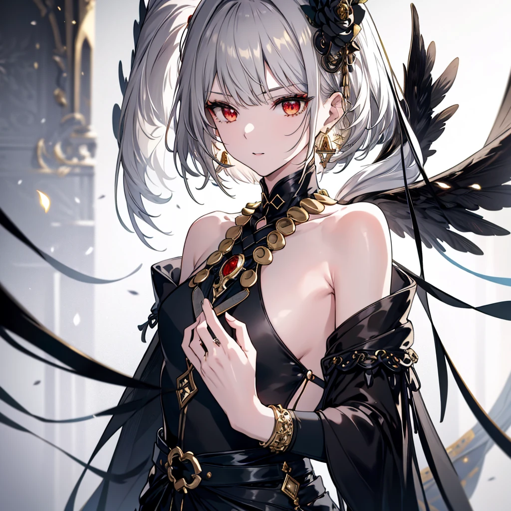 8k,High resolution RAW color art,Anime Art,Silver Marble Skin, (((Very detailed and cool))), Detailed skin, Bokeh、texture,(Exquisitely crafted, The finer details, Ultra-detailed art), (((1 girl))), Depth of written boundary, Silky Touch, Hyper Detail, (((Cool face))), eye shadow, Beautiful detailed red eyes, Beautiful lip detail, Highly detailed face, Delicate depiction of hair and eyes, Detailed Fashion, Golden Earrings,Full body depiction, Black half top、(((Shoulder Bare)))、Black shorts、Waist Cloak、Black thigh-high tights、Golden decoration, Light gray hair, Golden bracelet, Straight Hair、Short Hair、(((Hair)))、Simple Background、White Background、Black theme、snow、Side view、look down、cloth、Clear face、bed