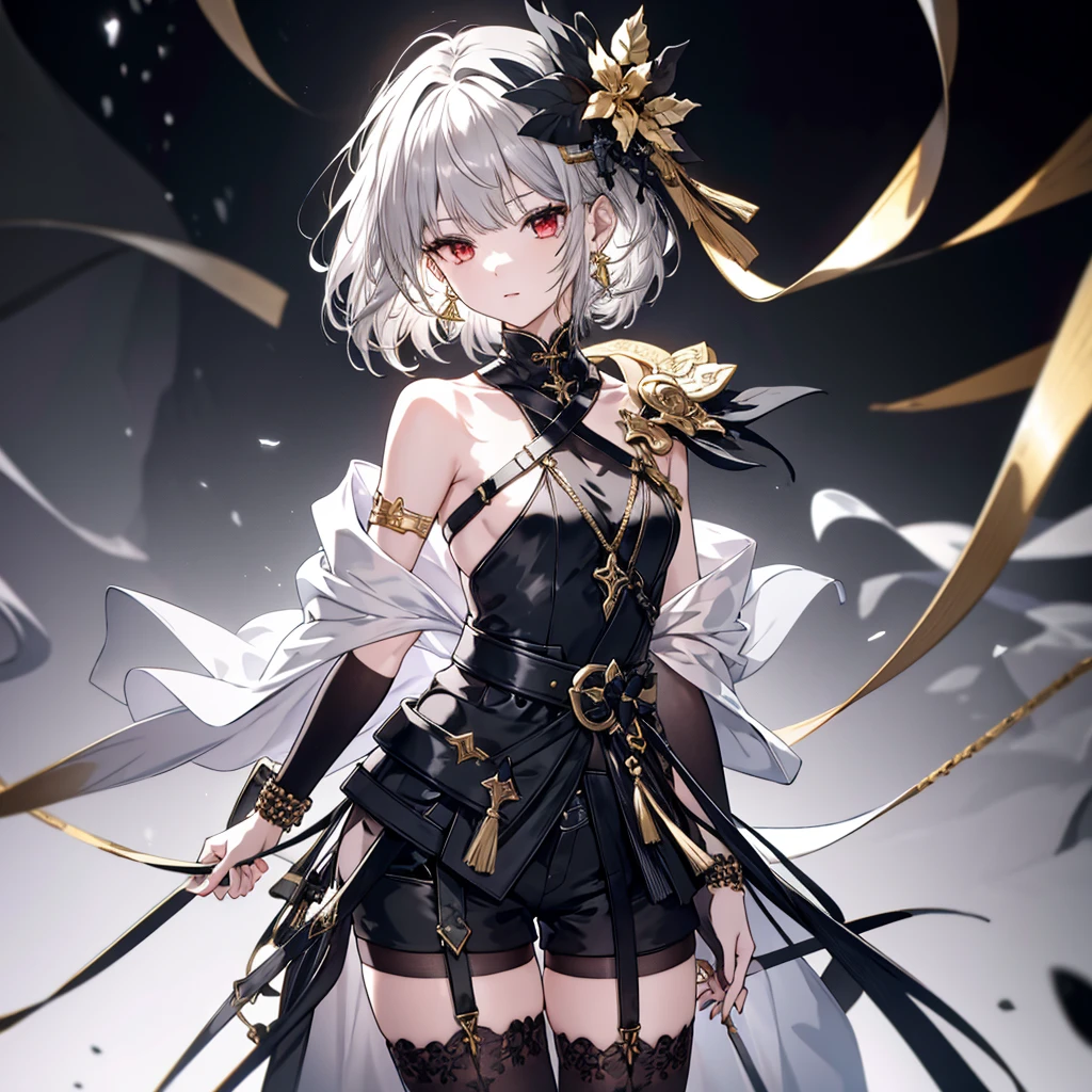 8k,High resolution RAW color art,Anime Art,Silver Marble Skin, (((Very detailed and cool))), Detailed skin, Bokeh、texture,(Exquisitely crafted, The finer details, Ultra-detailed art), (((1 girl))), Depth of written boundary, Silky Touch, Hyper Detail, (((Cool face))), eye shadow, Beautiful detailed red eyes, Beautiful lip detail, Highly detailed face, Delicate depiction of hair and eyes, Detailed Fashion, Golden Earrings,Full body depiction, Black half top、(((Shoulder Bare)))、Black shorts、Waist Cloak、Black thigh-high tights、Golden decoration, Light gray hair, Golden bracelet, Straight Hair、Short Hair、(((Hair)))、Simple Background、White Background、Black theme、snow、Side view、look down、cloth、Clear face、bed