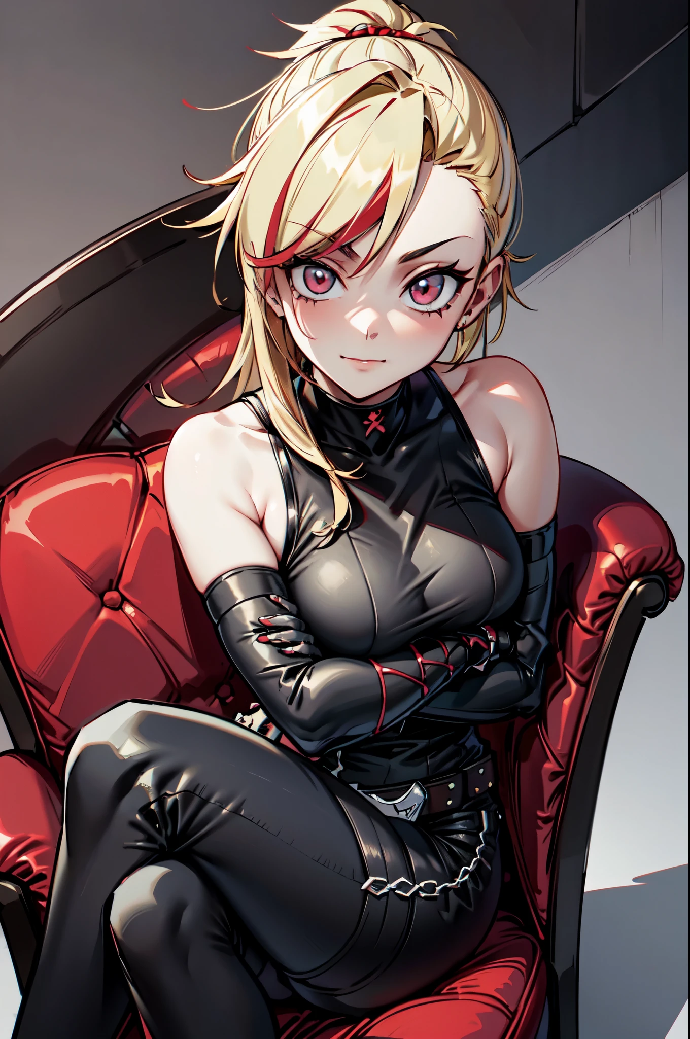 (masterpiece, best quality:1.2), red glowing eyes, red eyes, the eyes are red, perfect face, strong make up, highres, 1 girl, ultra long ponytail, (female:1.5), strife, blonde hair streaked with lots of red highlights, two colors hair (blond and red), hight flame mistress outfit, shoulder armor, sleeveless turtleneck, suspenders, belt, gloves, bracer pre potent smile, crossing legs, crossing arms , evil smile, evil pose, sitting, portrait, looking at viewer,  Her hair is streaked with lots red and blonde highlights, moon tribal tattoo.