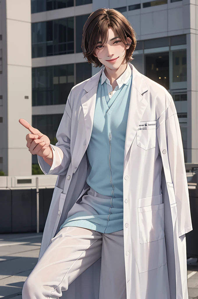 Doctor, 1 man, solo, sitting (Looking at the audience), (white lab coat:1.5), ,Stylish clothes who is an adult /(brown hair/) smile kindly (The best quality masterpiece:1.2) , Delicate illustrations, Special details, ( In front of the hospital
