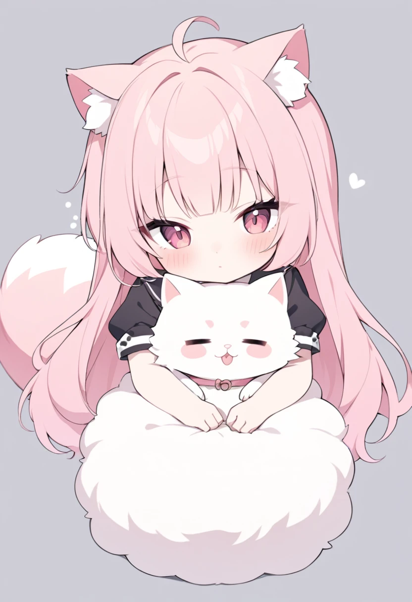 A half-human cat with pink hair and a very fluffy tail