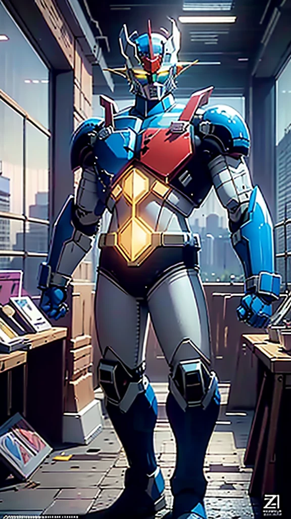 A man wearing a full-face helmet, a fantasy-style biotech armored combat suit, green eyes, (a composite layered chest armor), fully enclosed shoulder guards, matching arm and leg guards, the belt is adorned with Z mark, (the color scheme is primarily white with red and blue accents), the design balances heavy with agility, a high-tech bio-mecha armor, (Armor Concept Inspired by Mazinger Z, stand on the top of a skyscraper in a futuristic sci-fi city), this character embodies a finely crafted fantasy-surreal style armored hero in anime style, exquisite and mature manga art style, (battle damage, element, plasma, energy, the armor glows), ((male:1.5)), metallic, real texture material, dramatic, high definition, best quality, highres, ultra-detailed, ultra-fine painting, extremely delicate, professional, perfect body proportions, golden ratio, anatomically correct, symmetrical face, extremely detailed eyes and face, high quality eyes, creativity, RAW photo, UHD, 32k, Natural light, cinematic lighting, masterpiece-anatomy-perfect, masterpiece:1.5