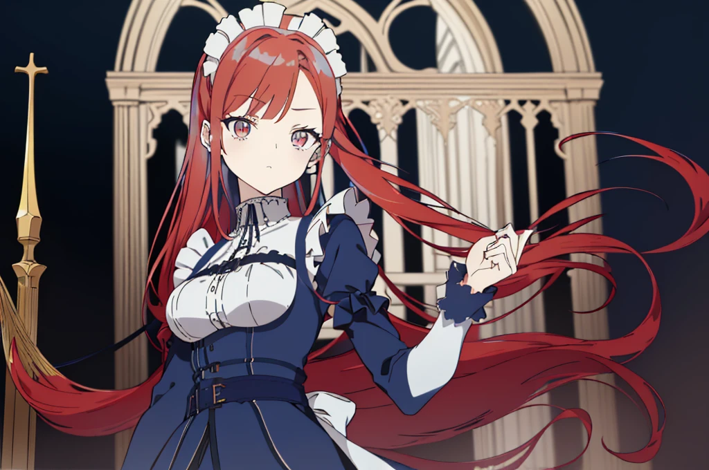 [(cathedral background:1.4)::5],original,(illustration:1.1),(best quality),(masterpiece:1.1),(extremely detailed CG unity 8k wallpaper:1.1), (colorful:0.9),(mid shot:0.95),(upper body:1.5),Dynamic angle,(solo:1.2), (girl),((adult)), (detailed beautiful eyes:1.15), (beautiful face:1.15), (glowing red eyes:1.25////),((medium hair)),((split-color hair,red hair,blue hair)),(high twintails),(chignon),(+perfect hand+:1.21),(Draw an illustration of a gothic girl),(Religious),(slender),(is wearing boots on her feet),((is wearing white maid clothes)),(furious), Lace Off-shoulder lolita fashion,beautiful slender woman,high twintails,((split-color hair,red hair,blue hair)),((split-color hair,red hair,blue hair)),from side,((split-color hair,red hair,blue hair)),dynamic angle,dynamic pose,have a sword in her hand,