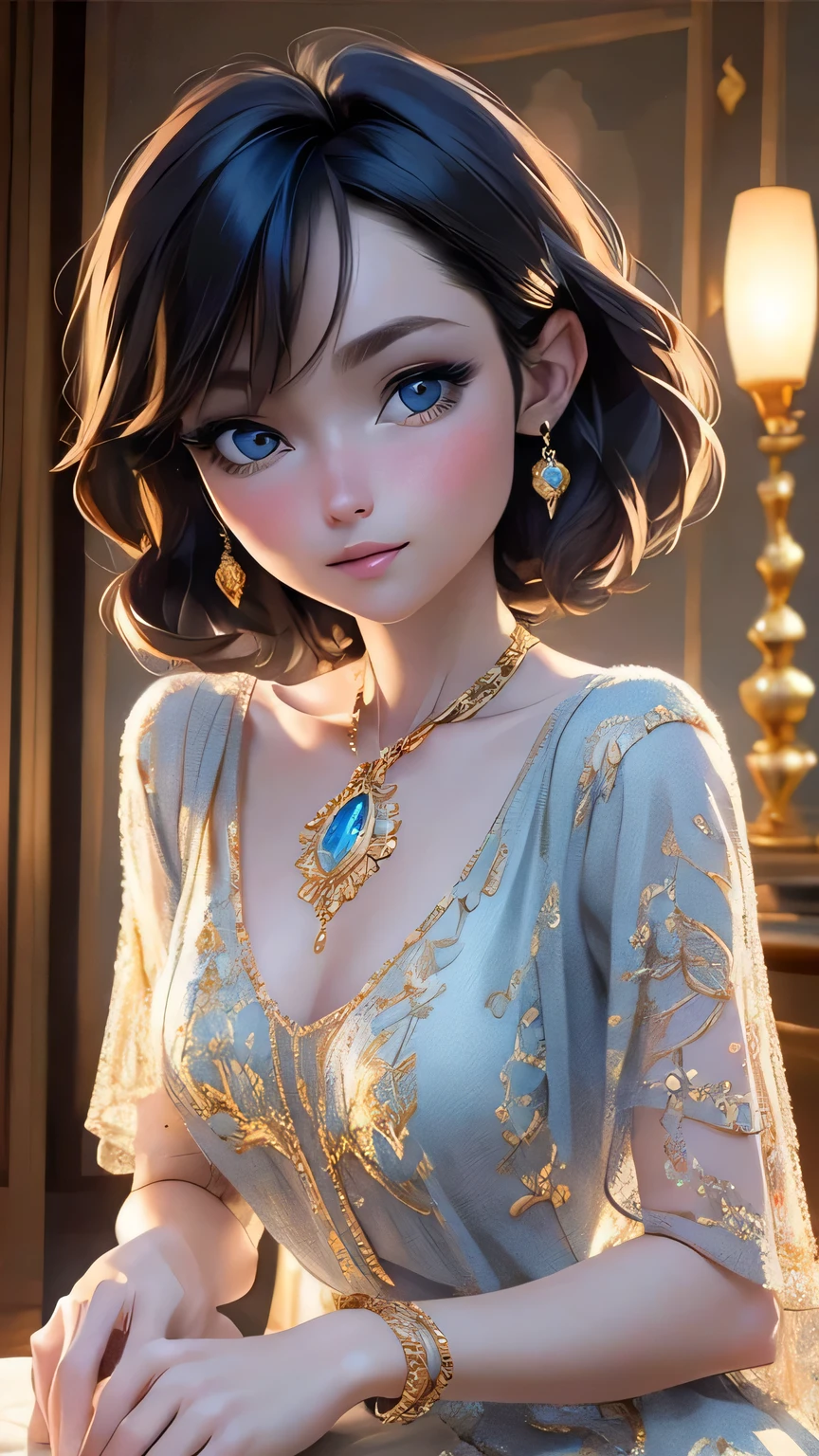 masterpiece, Highest quality, 8k, Official Art, Cinematic Light, Ultra-high resolution, One girl, sexy, mature, alone, short hair, make bangs, Blue Hair, blue eyes, Emphasize the chest, elegant dress, gold accents, delicate jewelry, soft smile, evening background, luxurious room, oil painting, full-body view, POV, front view, warm lighting, subtle shadows, dramatic highlights, sophisticated, alluring, refined, vibrant colors, realism, depth, high detail, intricate patterns, smooth textures, graceful pose