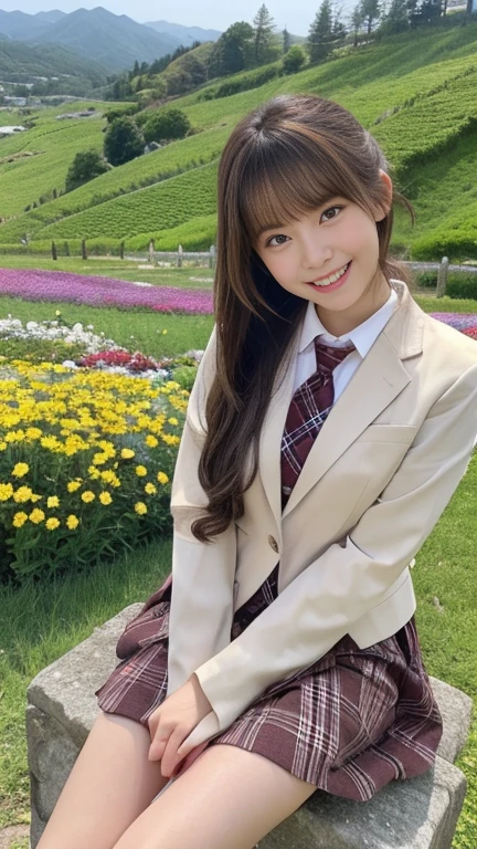 Tabletop, Highest quality, 8k、(Golden ratio face、Balanced Eyes、Very lively eyes、Slightly droopy eyes)、double eyelid、Innocent face、Young Face、Beautiful Nose、Embarrassed Laugh、Lip gloss、Balanced style、Ponytail Hair、Very beautiful girl、Downward、Beautiful girl solo like a model、Tartan check tie、Light Brown Blazer、White shirt、Tartan plaid skirt、White socks、White shoes、１６age、smile、Standing on a mountain where flower fields are in full bloom、