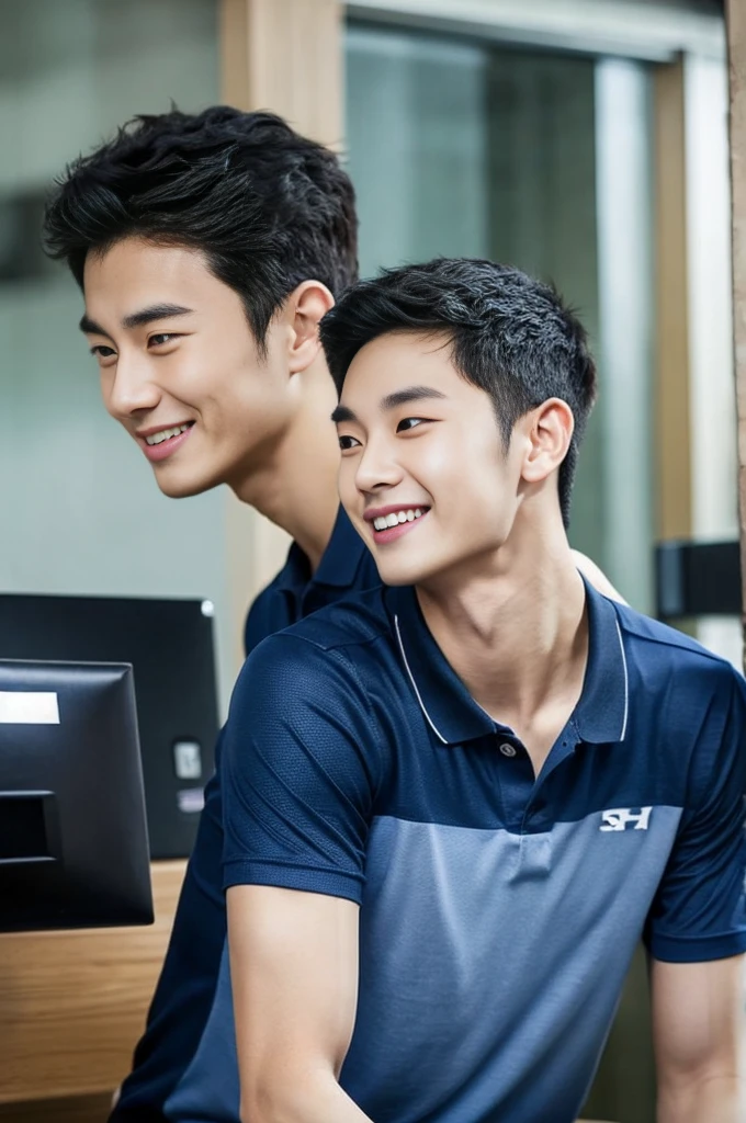 Korean man, Inspiration from Peng Yuyan, 23 years old, Korean muscular man ,The computer room is in the back. Sports t-shirts, polo, tight, navy blue., open mouth smile