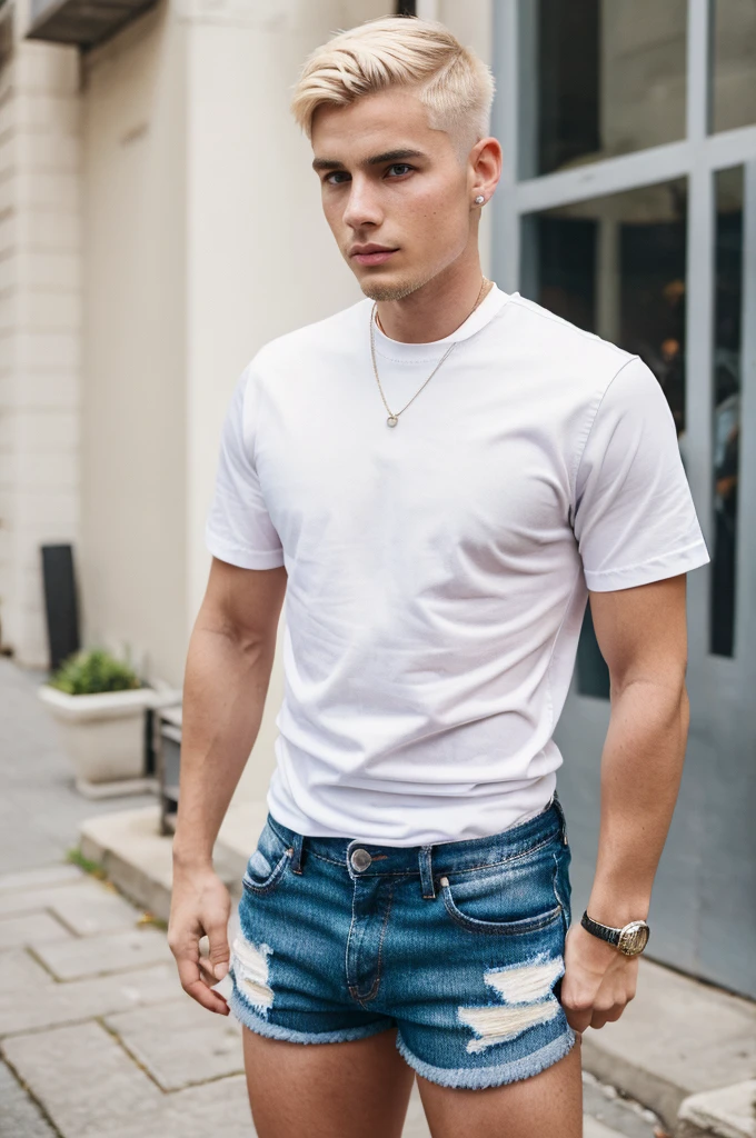 Young man,short hair blonde with O. cut-in. Mid fade with neat preserved edge, Scrawny ,simple white shirt and stylish black denim shorts for men,and a pair of white sneakers on the cheek, a slight touch of pink, he standing with the background of a men&#39;s room 