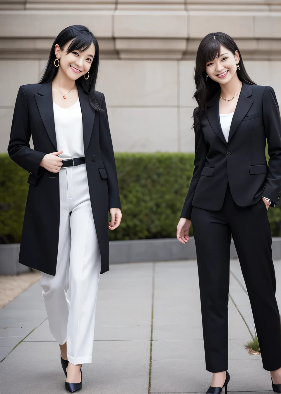 Highest quality, Photorealistic,Two young women standing side by side、Outdoor,、Black Hair、Ear piercing、smile、Beautiful teeth alignment、 Black suit, Are standing, Jacket, Pants Style、Recruitment Suit,,, pumps,