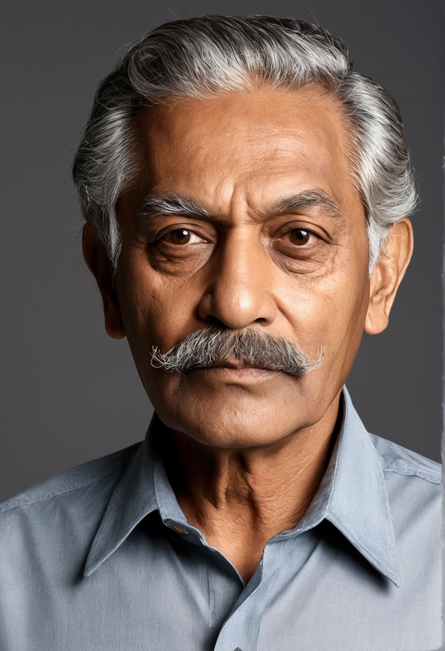 A 70-year-old brown man with gray hair only on the sides and a half-gray, half-black mustache weighs about 80 kilos