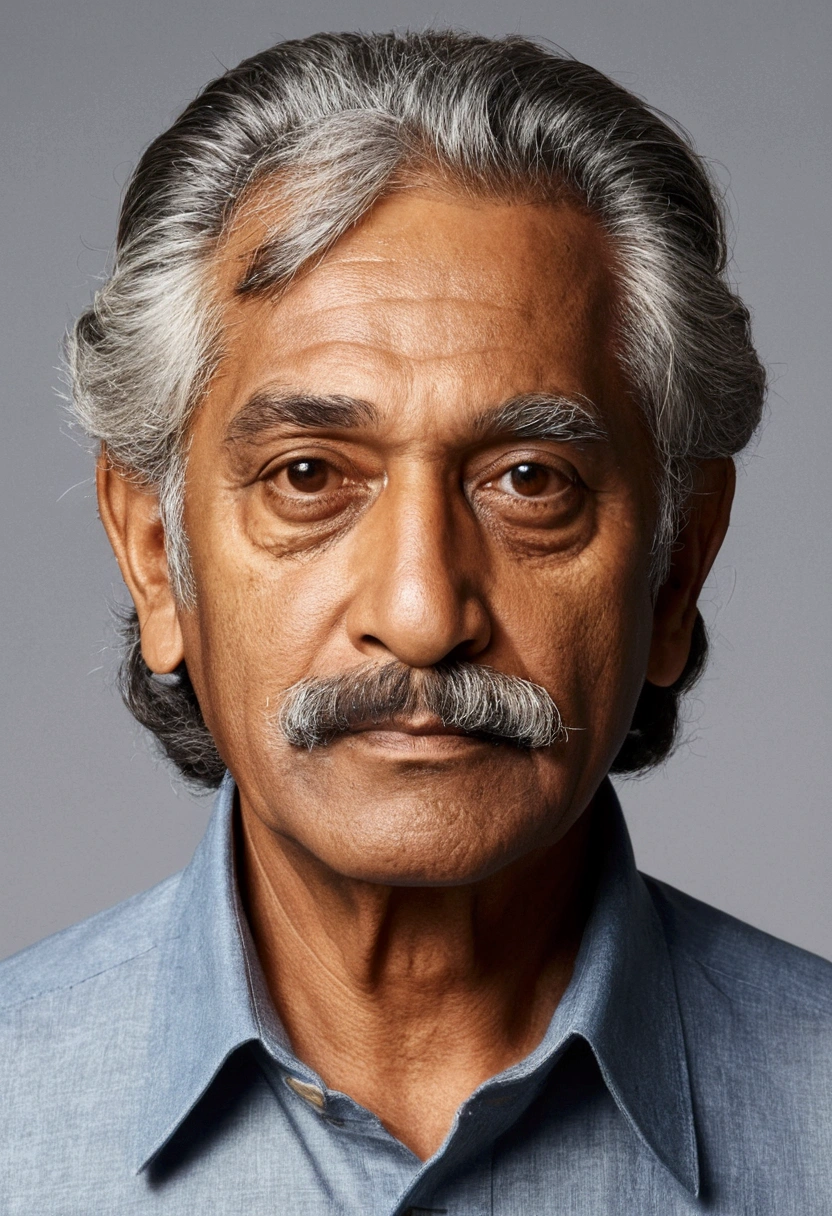 A 70-year-old brown man with gray hair only on the sides and a half-gray, half-black mustache weighs about 80 kilos