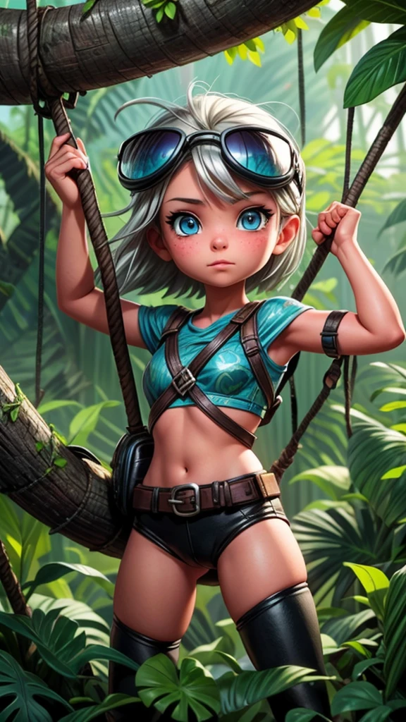 Jungle exploration、Beautiful girl explorer、Silver Hair、blue eyes、Helmet、sunglasses、whole body、Swing your machete and make your way through the jungle、Dynamic composition、snake、poison