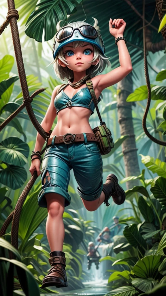 Jungle exploration、Beautiful girl explorer、Silver Hair、blue eyes、Helmet、sunglasses、whole body、Swing your machete and make your way through the jungle、Dynamic composition、snake、poison