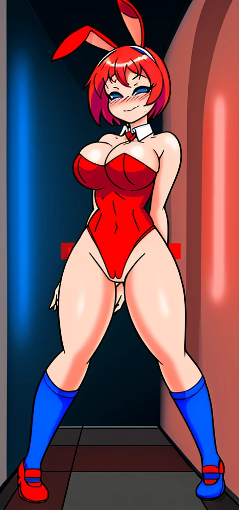 [less8 Pacman ghost], ((masterpiece)), ((High Definition)), ((high quality)), ((detailed shading)), ((beautiful rendering art)), ((solo portrait)), ((Whole body)), ((Front view)), ((intricate details)), playboy bunny, Red suit ,socks negras, socks . , blue eyes, Red hair, , short hair, big breasts, shoes, red shoes, defined neckline,(Blue socks), human,hair ornament, white rabbit tail,  cyberpunk, neon, interiors, casino, depth of field,, Alone, looking at the viewer, very sensual, blushing, mischievous smile,open legs, sexual content, penetrated