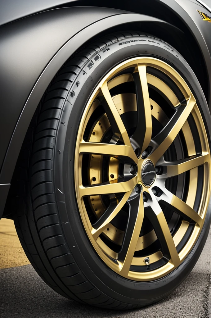 Design a racing car with these details Golden wheels,matte black car sides,golden mirrors and mudguards,on the air filter the brand name with silver letters and the gold logo background,matte black air filter.