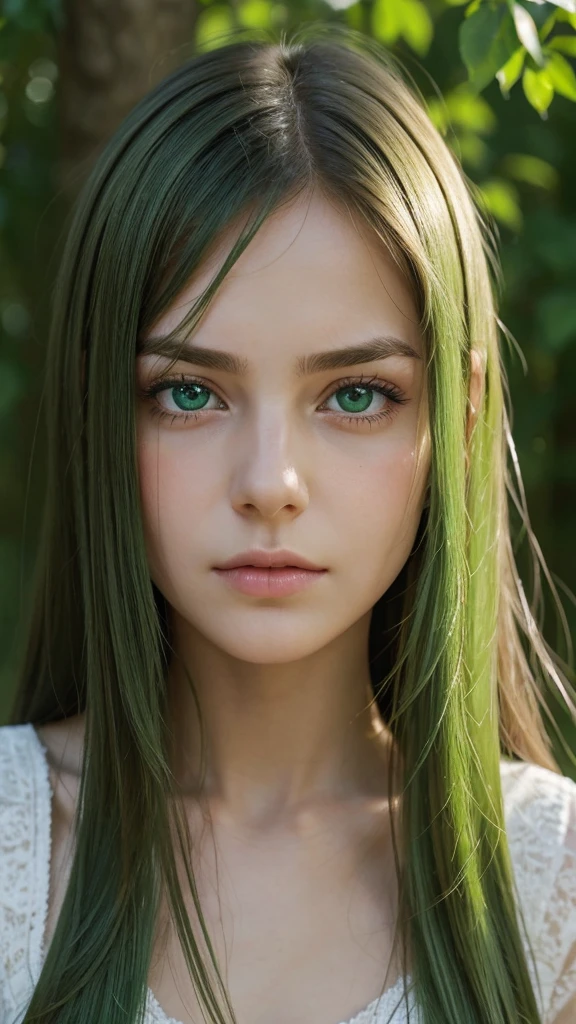 a girl. face sent feeling. Europe. Oval face. long face. delicate facial features. gentle eyes. seductively seductive. green eyes. long straight hair. green hair. sad expression. shy. straight face. outdoor