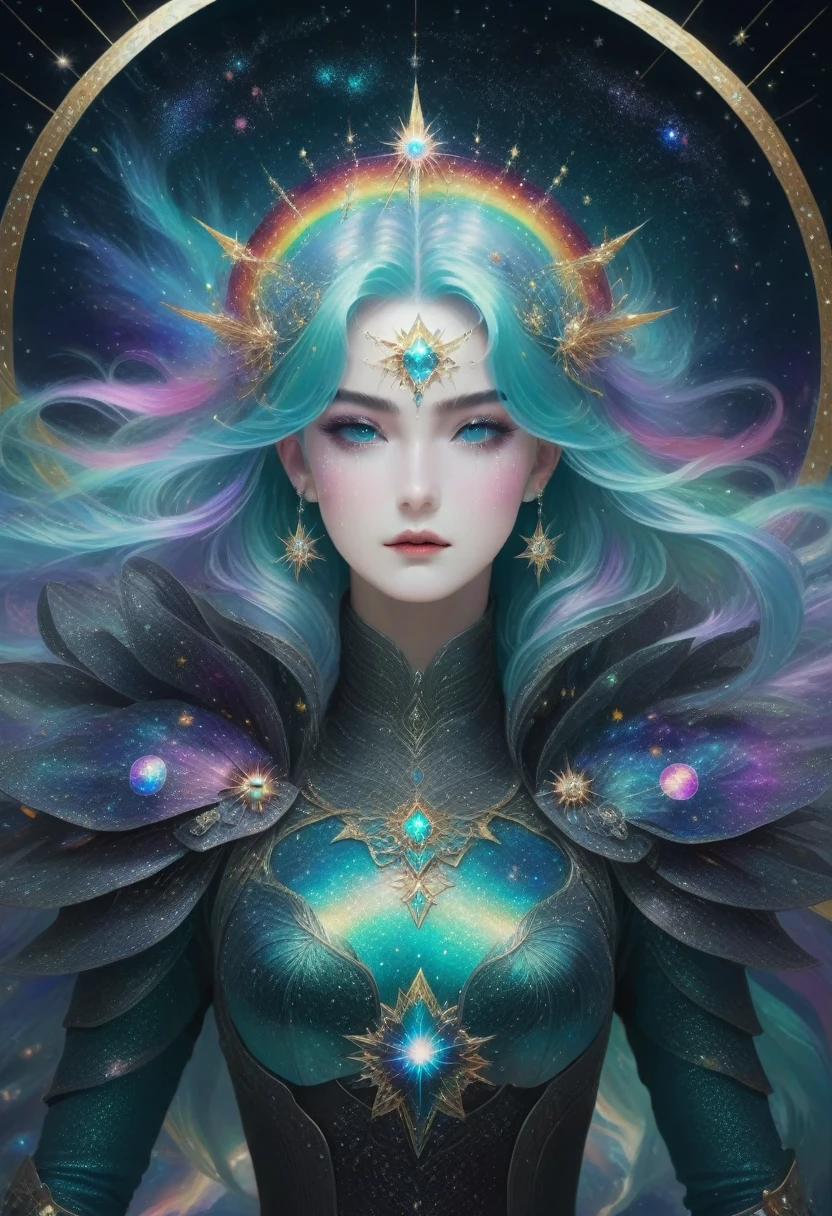 Girl with rainbow hair and delicate teal dress armor, permanent, Rainbow colored cosmic nebula background, Star, galaxy, Intricate details, Perfect face