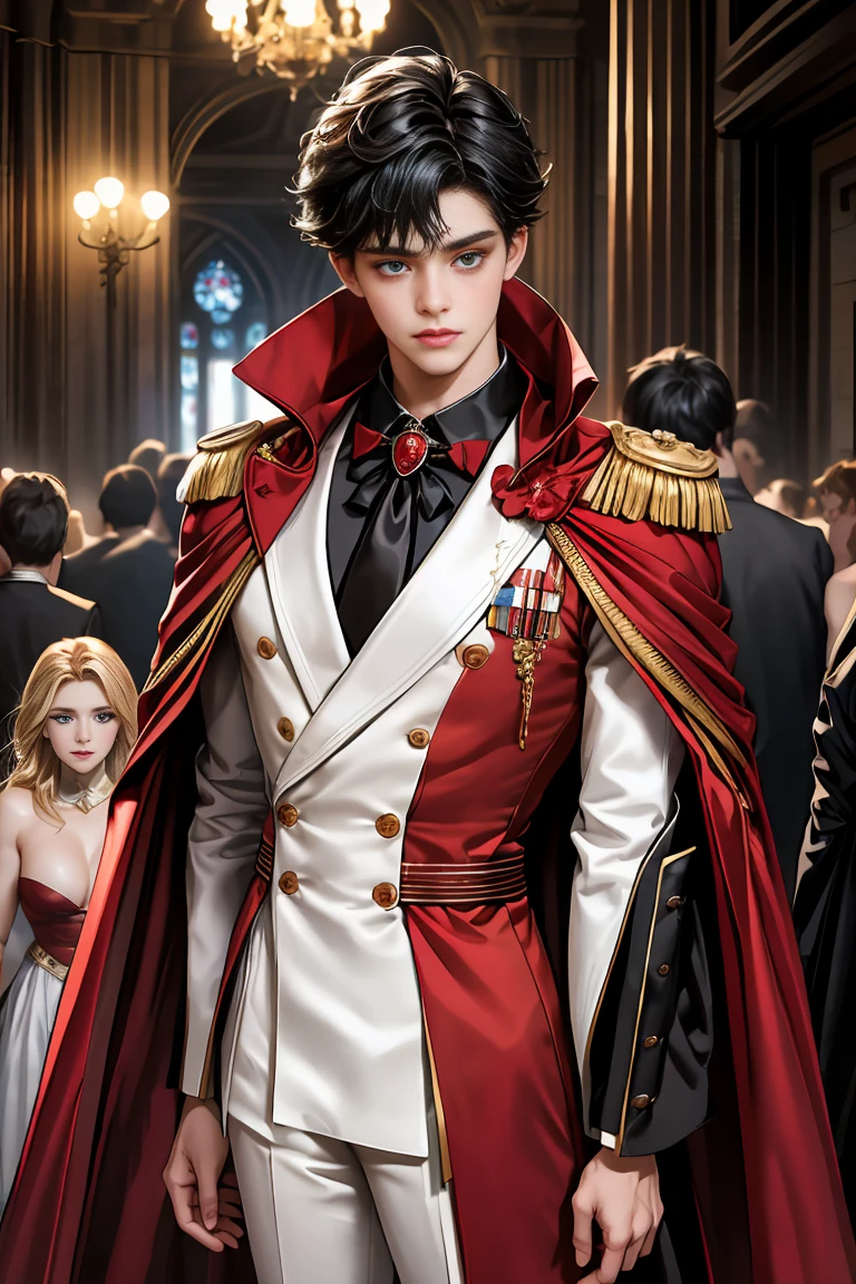 
masterpiece, 最high quality, high quality, 1 boy, alone, Male focus, Watching the audience,  Messy black hair, Adorable big blue eyes, White, Noble, Noble,A black and red cape that is bursting with sexy volume、Tuxedo、A very voluminous, large, very large, very large, long, long red and black cape with a high stand-up collar, made of a lot of fabric that reaches down to the floor., ,Cute beautiful boys,Cute, cute, kind, handsome guy