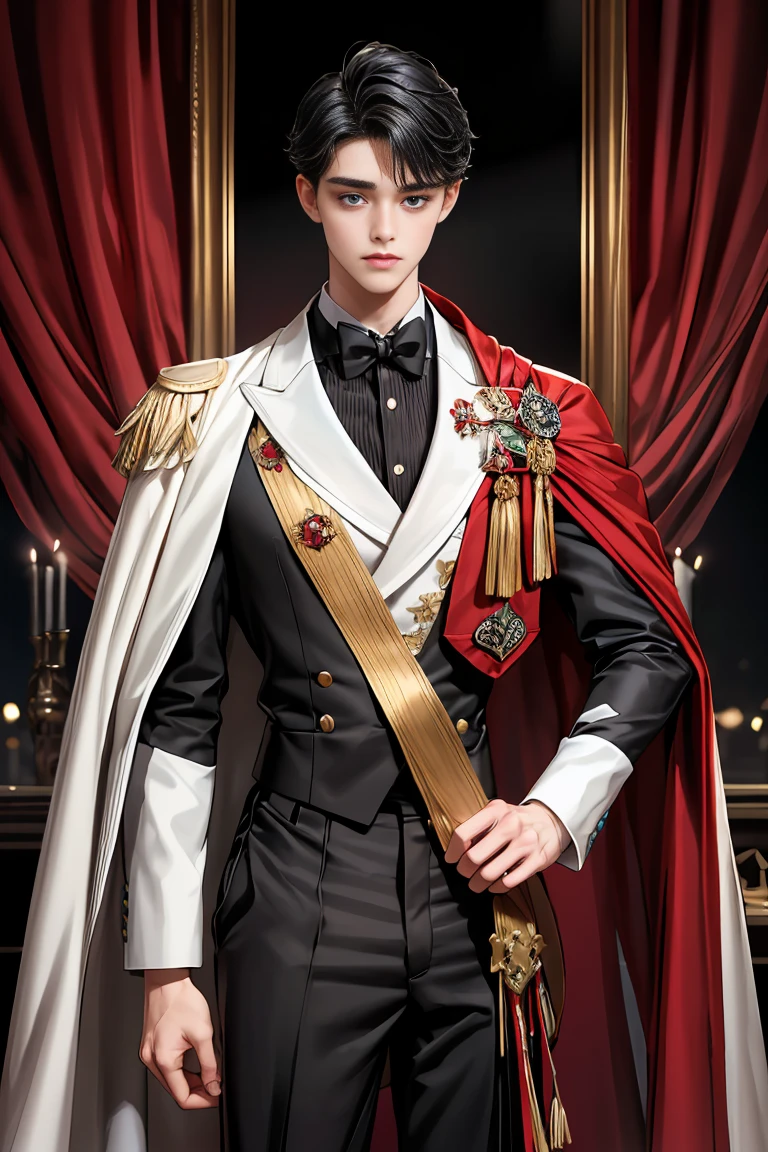 masterpiece, 最high quality, high quality, 1 boy, alone, Male focus, Watching the audience, Messy black hair, Adorable big blue eyes, White, Noble, Noble,A black and red cape that is bursting with sexy volume、Tuxedo、A very voluminous, large, very large, very large, long, long red and black cape with a high stand-up collar, made of a lot of fabric that reaches down to the floor., 17 years old,Cute beautiful boys,Cute, cute, kind, handsome guy