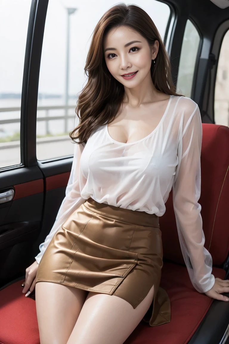 Mature attractive sexy woman、50 years old、(Panty exposure:1.2)、(See-through tight skirt、Ultra mini skirt:1.3)、Shut、Big Breasts、(Facial wrinkles:1.3)、light makeup、Light brown hair、Long Hair、(seat:1.2)、(From head to thighs)、8k、RAW Photos、Highest quality、Laughter、masterpiece、Highest quality